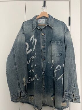 Washed Blue Denim Oversized Jacket with Painted Graphics